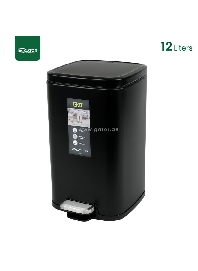 EKO Stella Step Bin | Stainless Steel Pedal Trash Bin with Soft Close Lid | Fingerprint Resistant Indoor Waste Bin | 12L | Black - Image 1